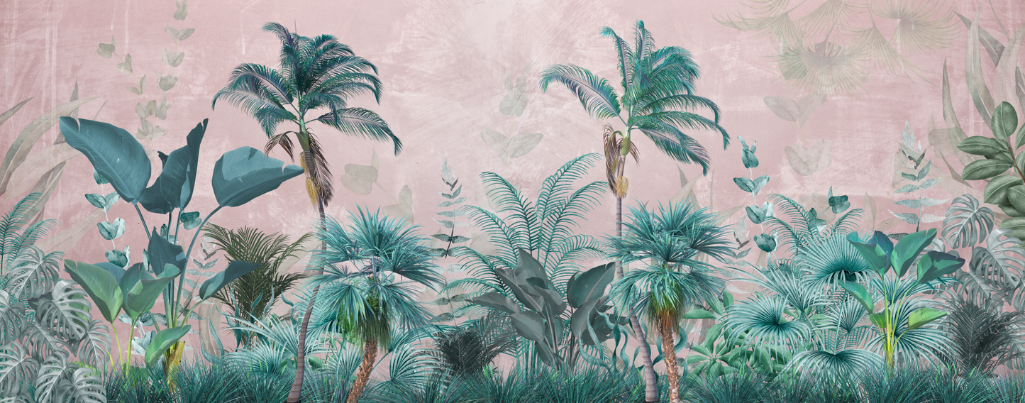 Tropical Palm Tree Mural Wallpaper - Teal and Blush Pink Background