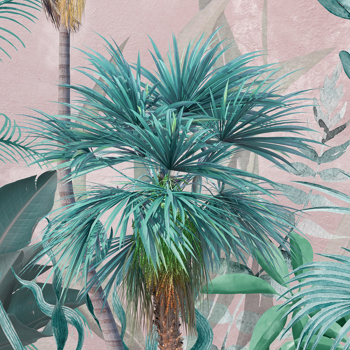 Tropical Palm Tree Mural Wallpaper - Teal and Blush Pink Background