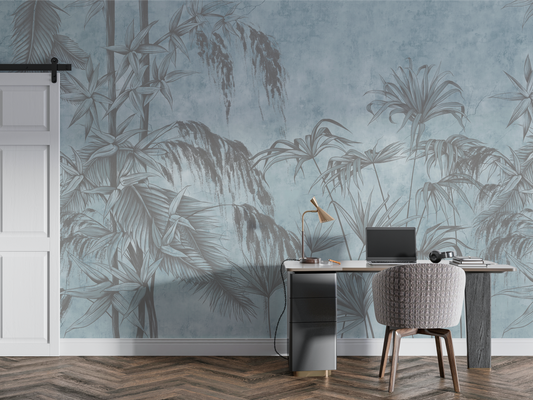 Palm Tree and Bamboo Mural Wallpaper - Monochromatic Gray-Blue