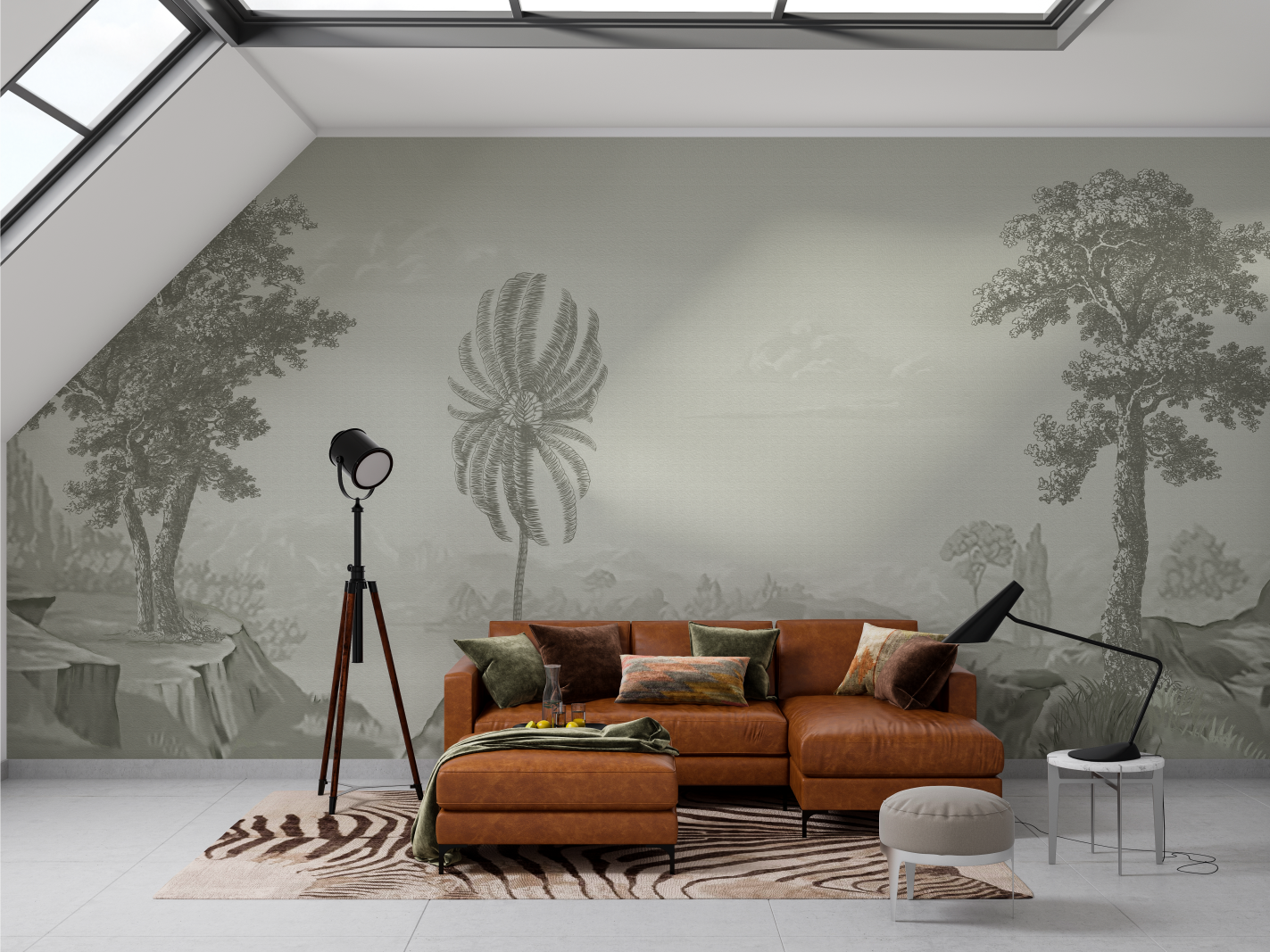 Monochromatic Tropical Foliage Mural Wallpaper - Light Gray Texture