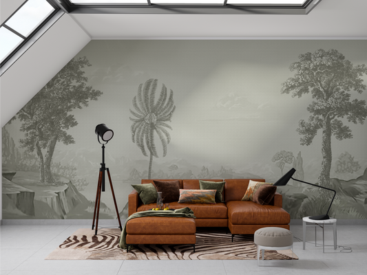 Monochromatic Tropical Foliage Mural Wallpaper - Light Gray Texture
