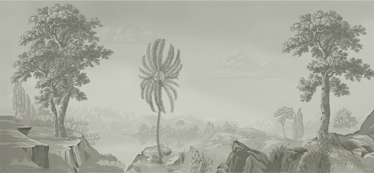 Monochromatic Tropical Foliage Mural Wallpaper - Light Gray Texture