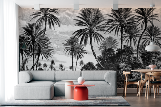 Classic Landscape Mural Wallpaper with Trees - Monochromatic Sage Gray