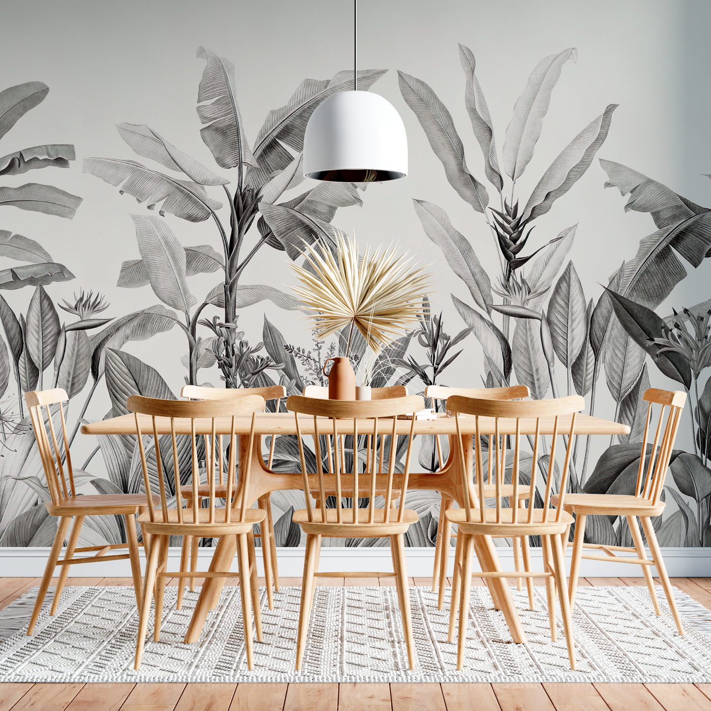 Palm Tree and Misty Jungle Mural Wallpaper - Monochromatic Gray
