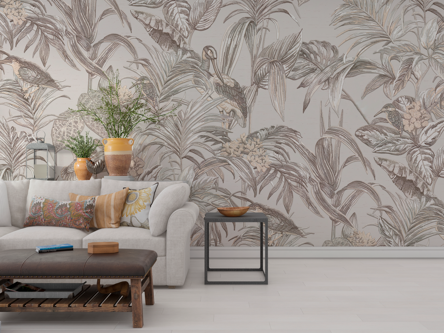 Detailed Tropical Foliage Mural Wallpaper - Monochromatic Line Drawing