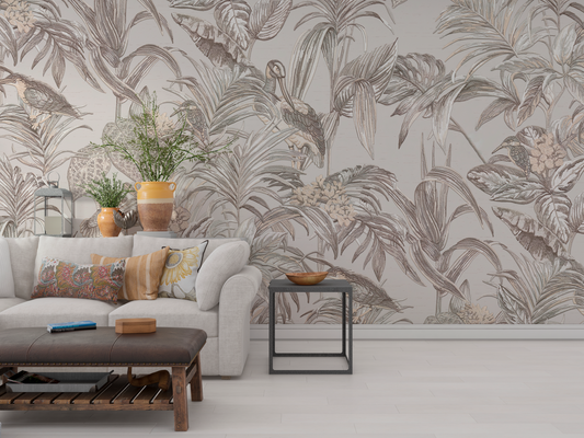Detailed Tropical Foliage Mural Wallpaper - Monochromatic Line Drawing