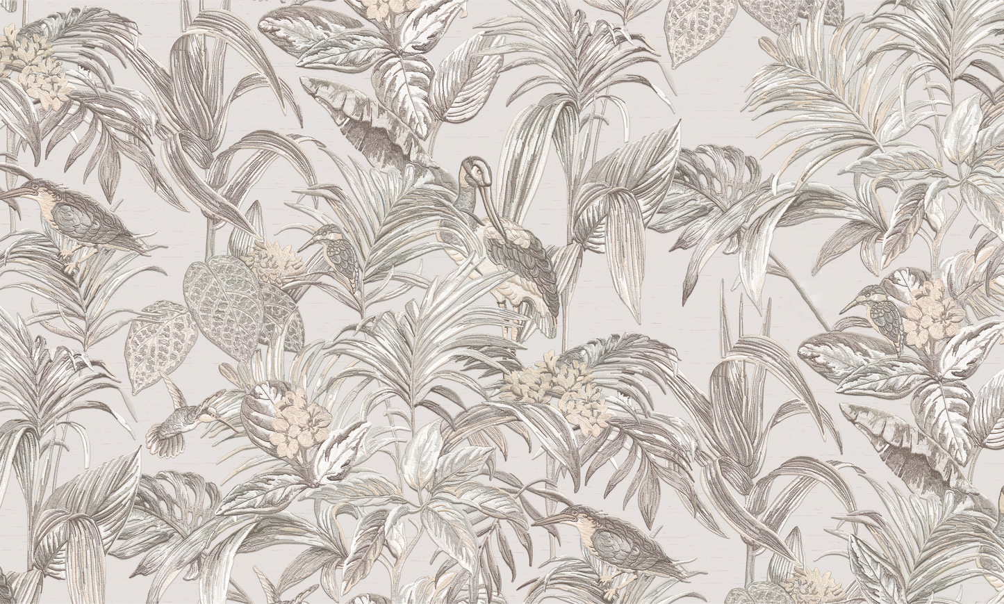 Detailed Tropical Foliage Mural Wallpaper - Monochromatic Line Drawing