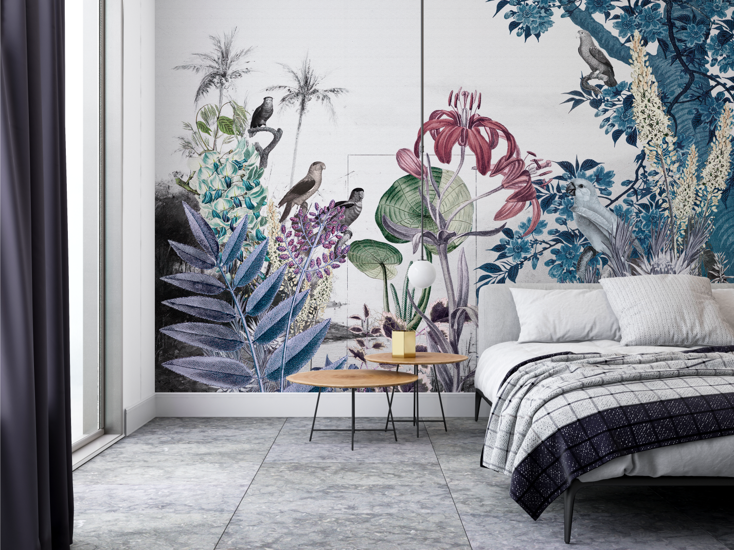 Deep Blue and Burgundy Tropical Garden Mural with Birds