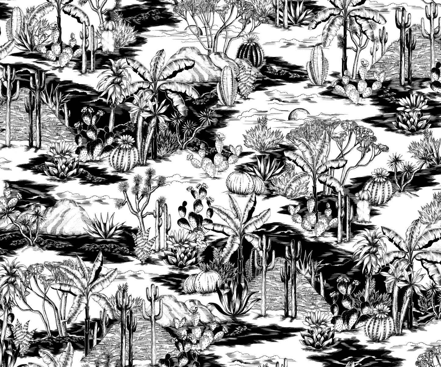 Detailed Desert Landscape Monochrome Mural