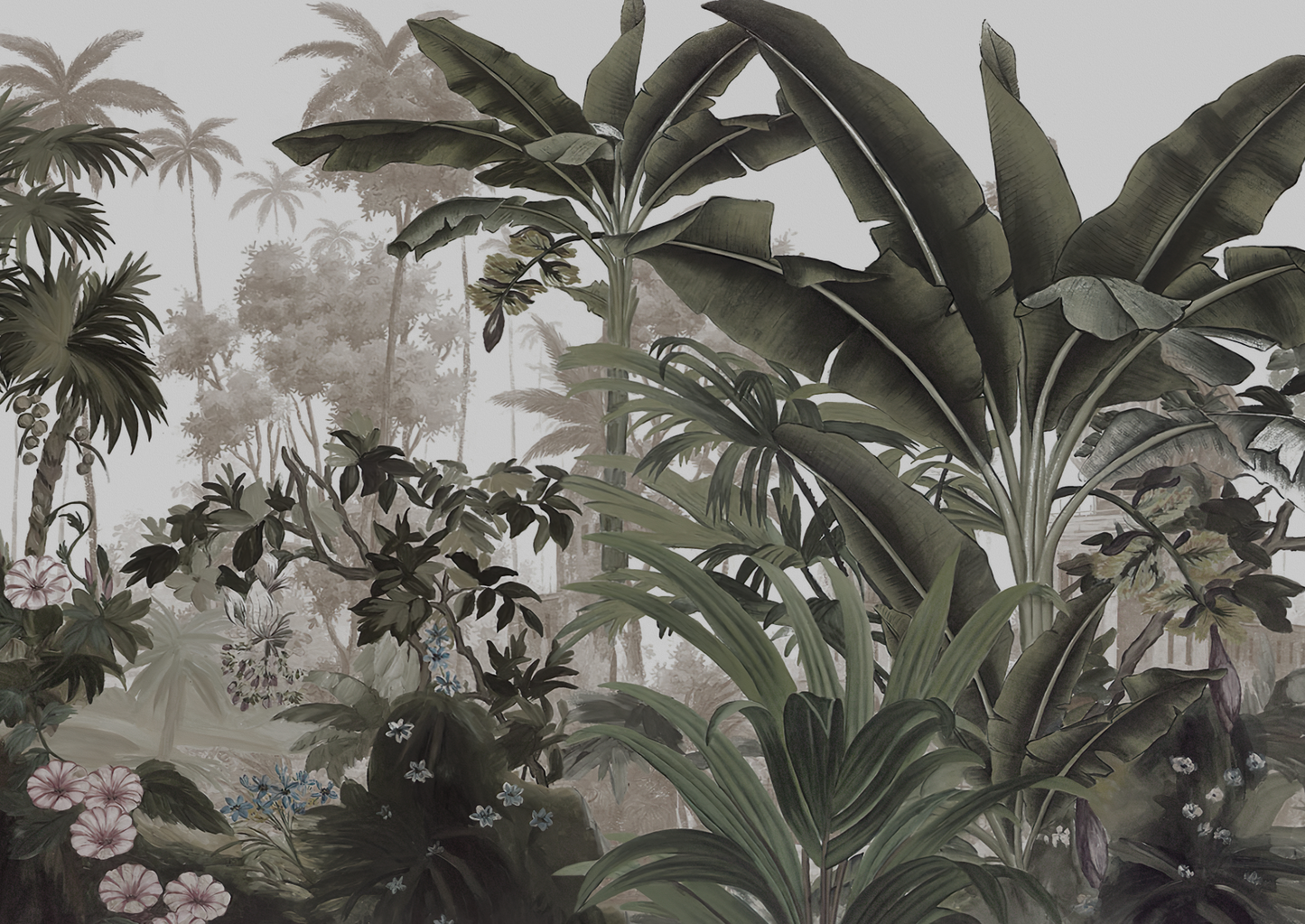 Lush Tropical Jungle Mural Wallpaper - Dark and Moody Tones