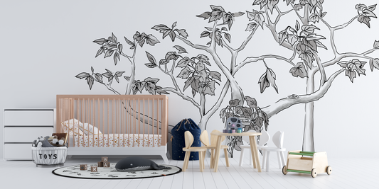 Line Art Tree Branch Mural Wallpaper - Minimalist Black and White Sketch