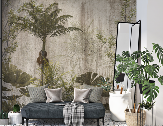 Vintage Tropical Jungle Mural Wallpaper - Olive Green on Concrete