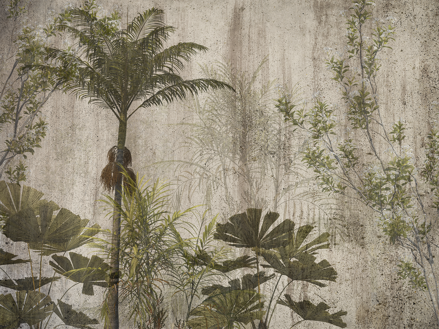 Vintage Tropical Jungle Mural Wallpaper - Olive Green on Concrete