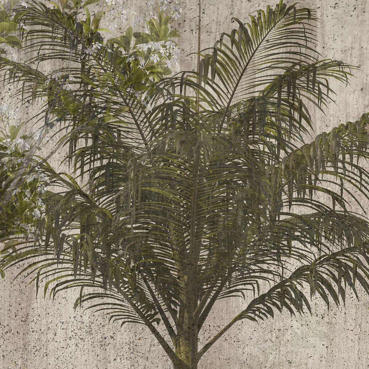 Vintage Tropical Jungle Mural Wallpaper - Olive Green on Concrete
