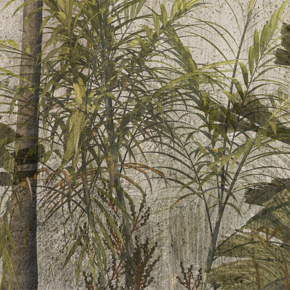 Vintage Tropical Jungle Mural Wallpaper - Olive Green on Concrete