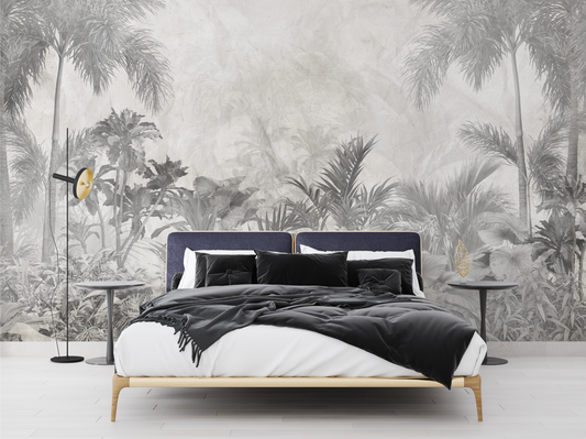 Monochromatic Tropical Jungle Mural Wallpaper - Pale Gray Vintage