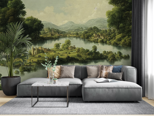 Classic Romantic Landscape Mural Wallpaper - Lake and Island Vintage Style
