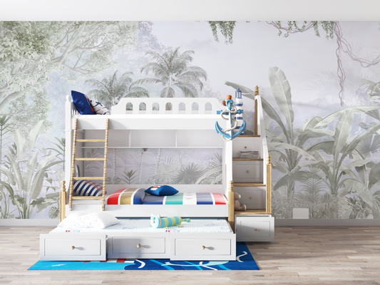 Ethereal Misty Tropical Jungle Mural - Pale Gray and Green