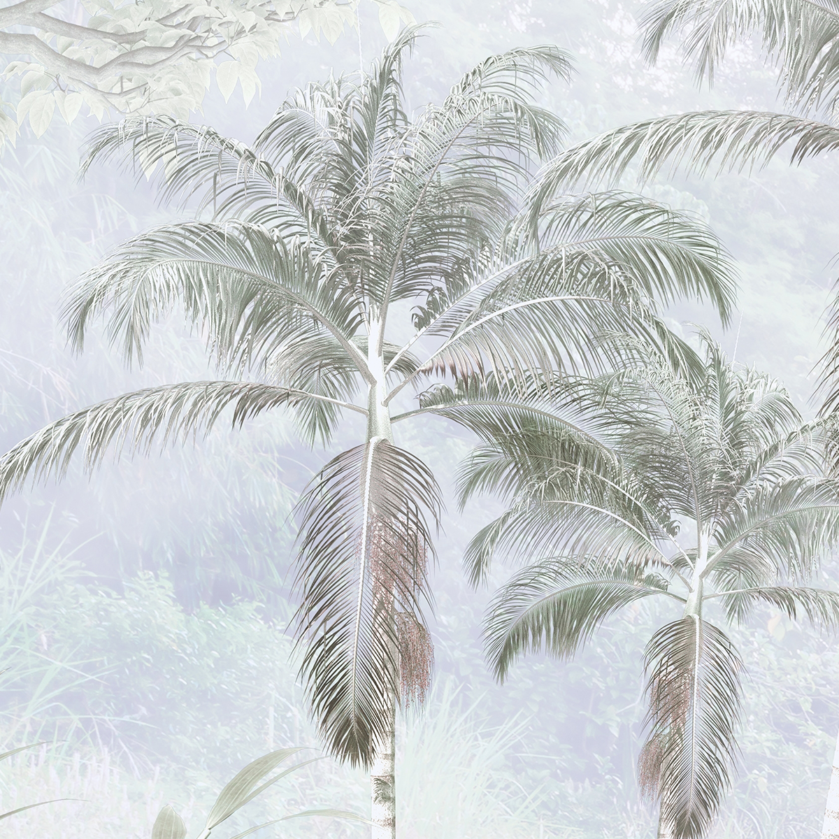 Ethereal Misty Tropical Jungle Mural - Pale Gray and Green