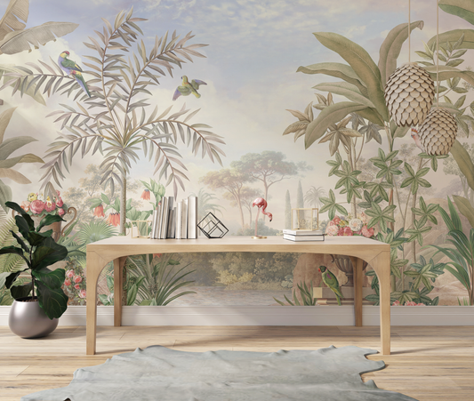 Classic Botanical Garden Mural Wallpaper - Colonial Scene with Exotic Birds