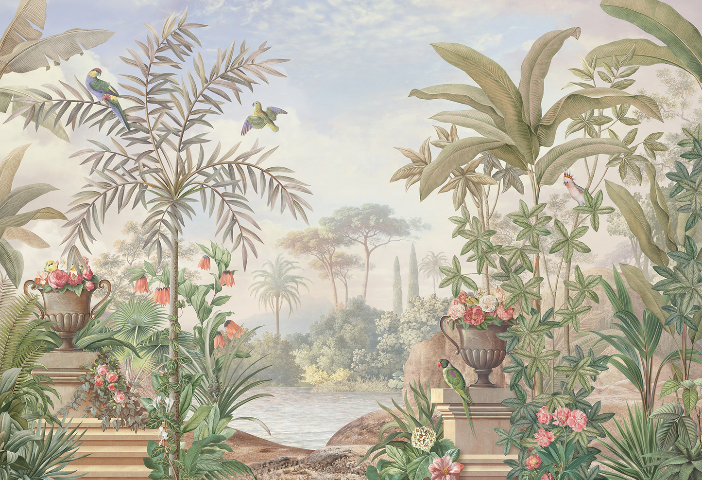 Classic Botanical Garden Mural Wallpaper - Colonial Scene with Exotic Birds