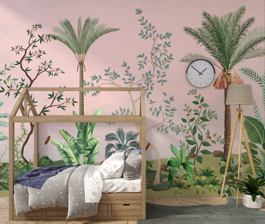 Exotic Tropical Garden Mural Wallpaper - Pink Background and Palm Trees