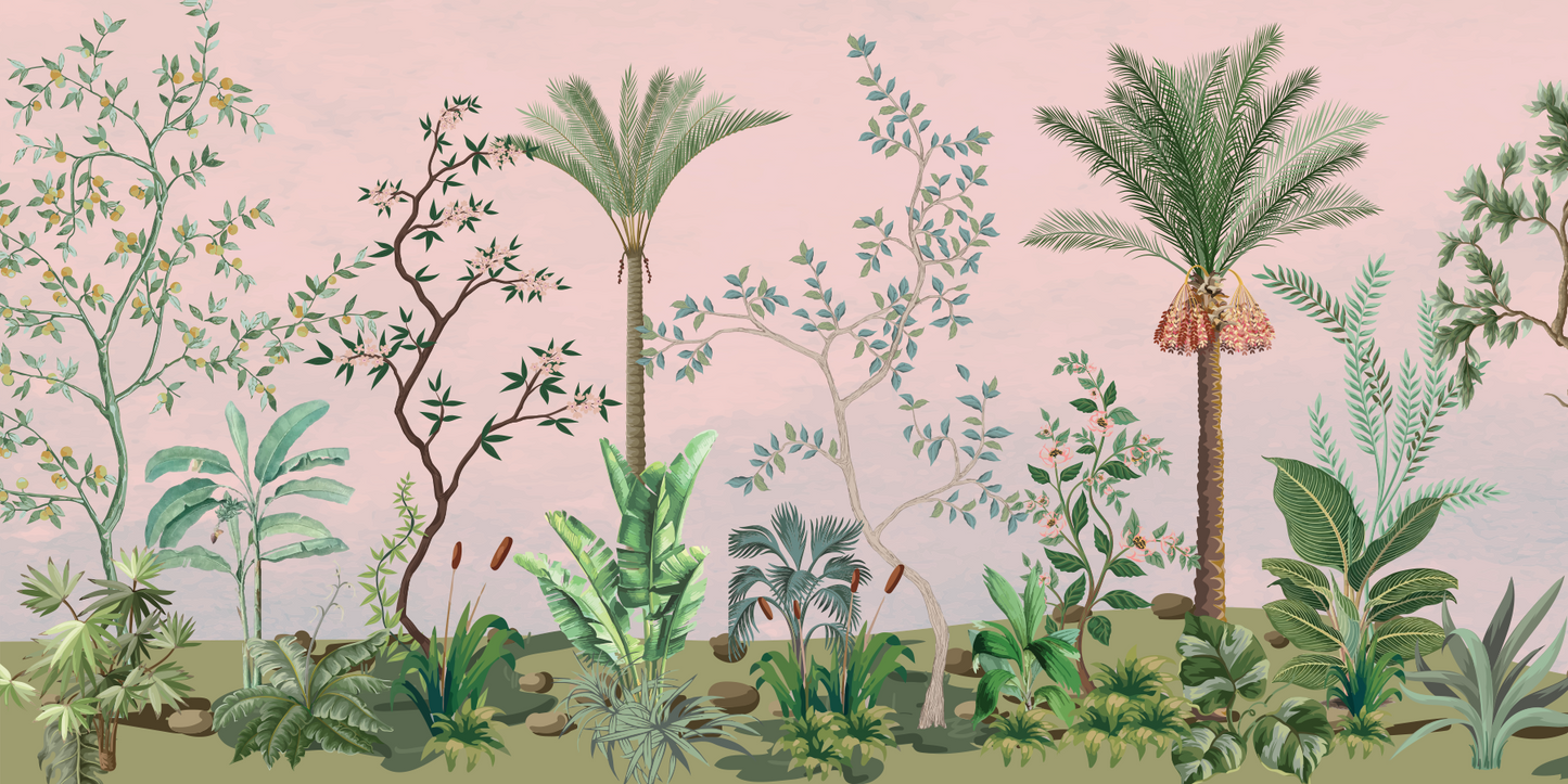Exotic Tropical Garden Mural Wallpaper - Pink Background and Palm Trees