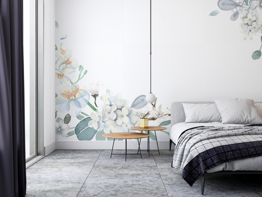 Watercolor Floral Corner Mural Wallpaper - Dusty Blue & White