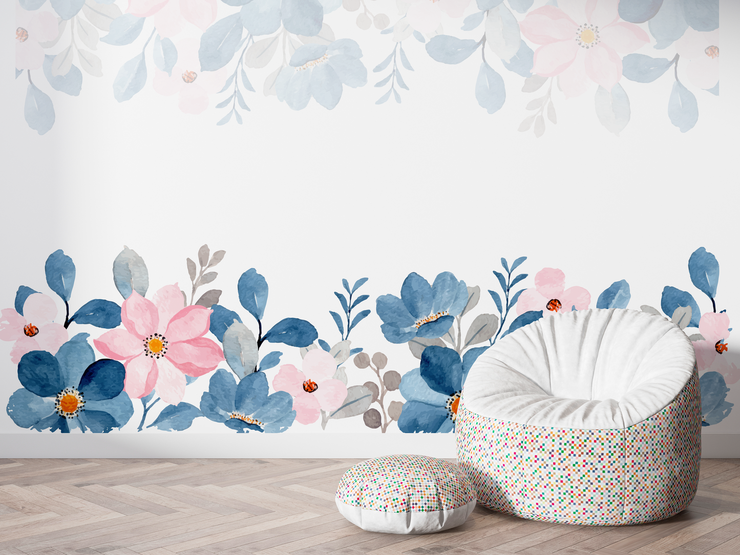 Navy & Pink Watercolor Floral Border Mural Wallpaper