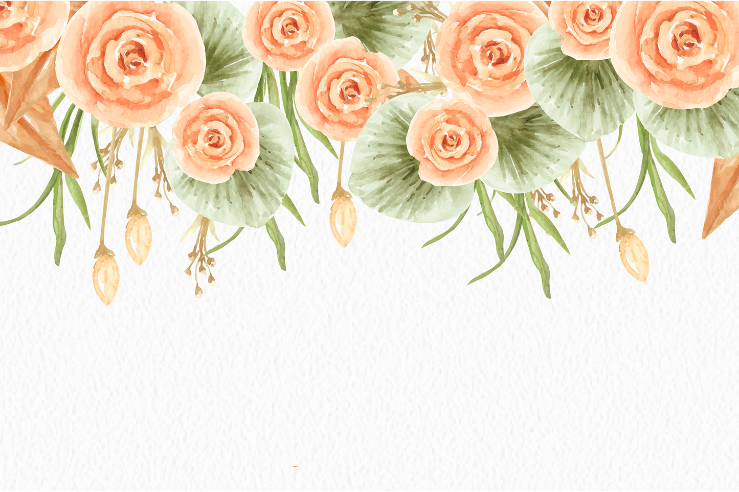 Peach Roses & Green Leaves Watercolor Mural Wallpaper