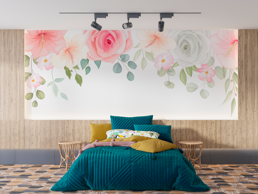 Watercolor Roses & Hibiscus Floral Border Mural Wallpaper