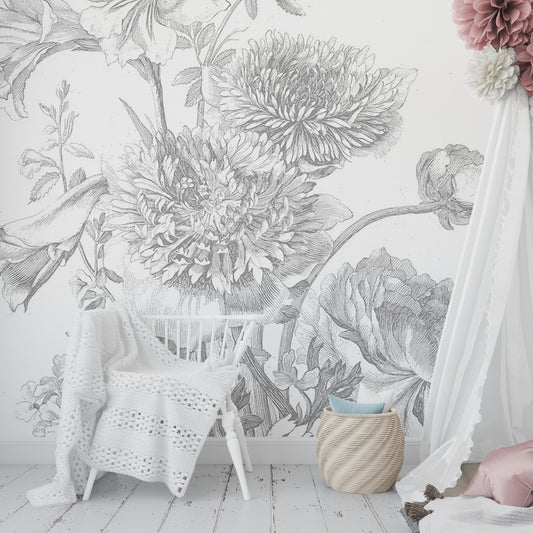 Engraved Floral Elegance - Vintage Black and White Mural
