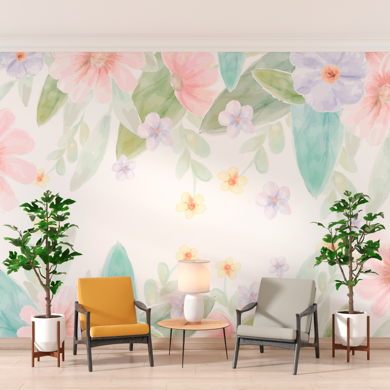 Soft Pastel Floral Watercolor Mural Wallpaper