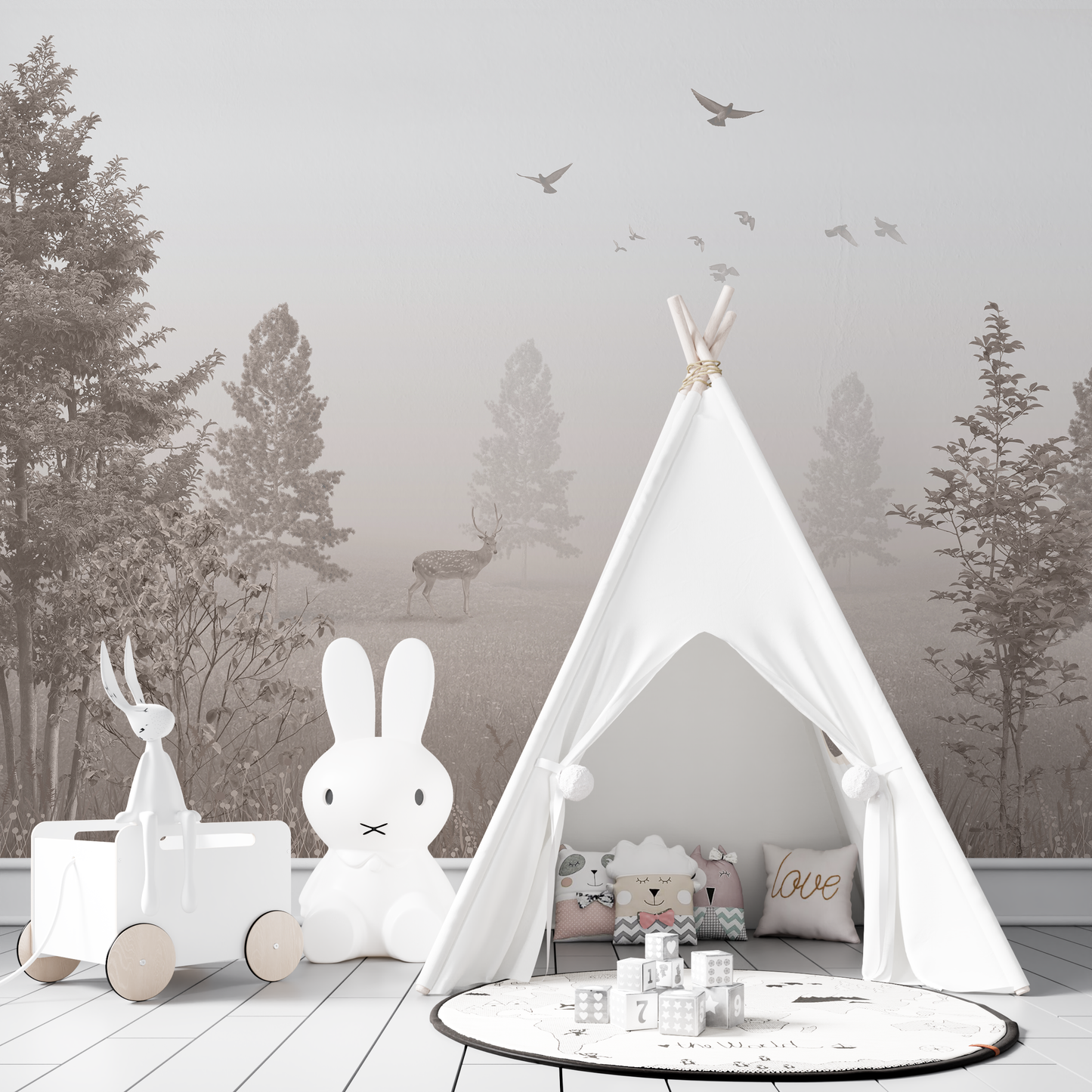 Misty Forest Mural Wallpaper with Deer - Sepia Monochrome Vintage