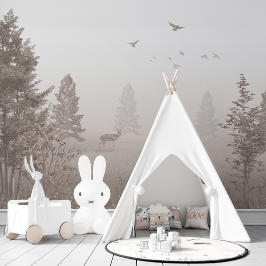 Misty Forest Mural Wallpaper with Deer - Sepia Monochrome Vintage