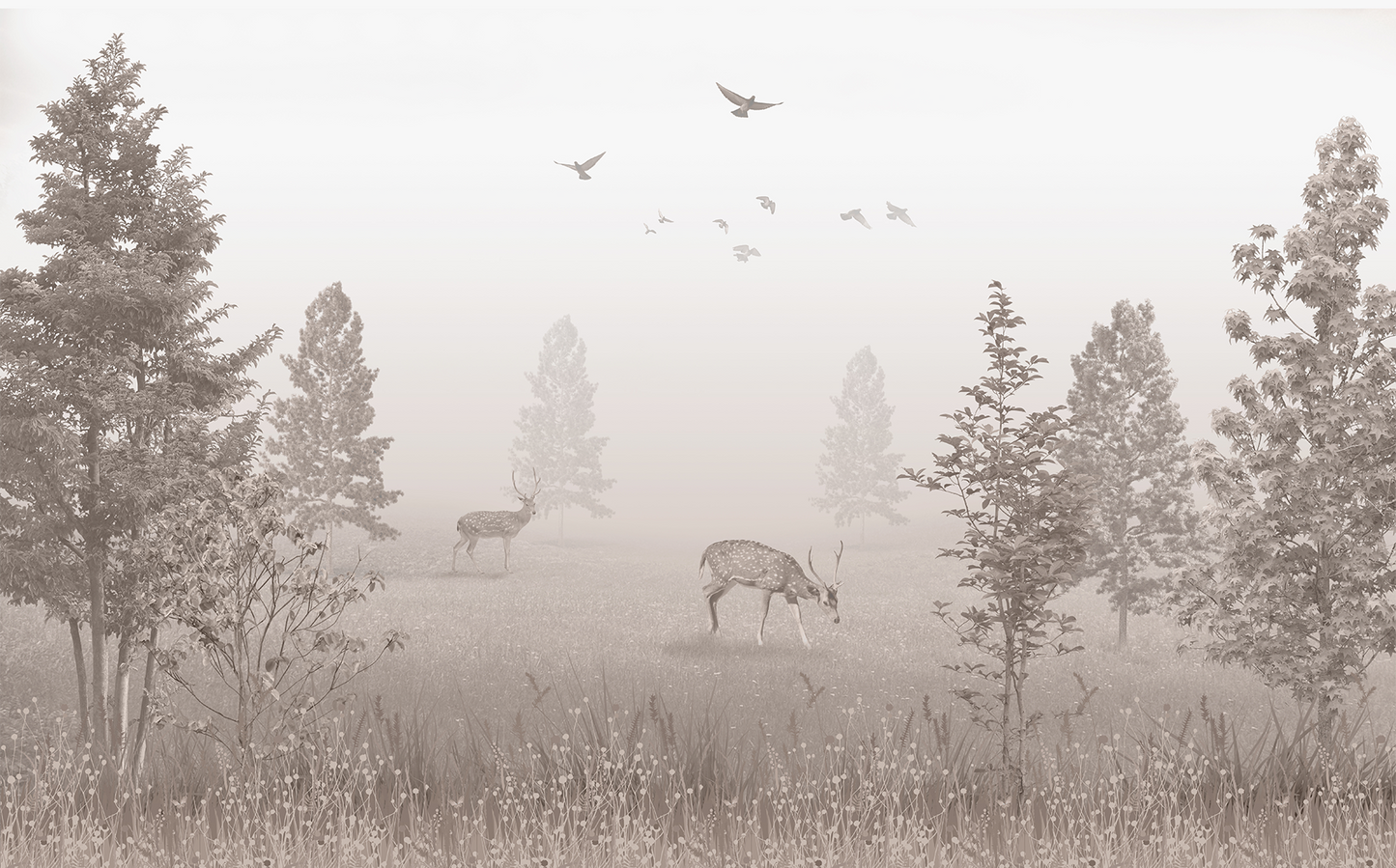 Misty Forest Mural Wallpaper with Deer - Sepia Monochrome Vintage