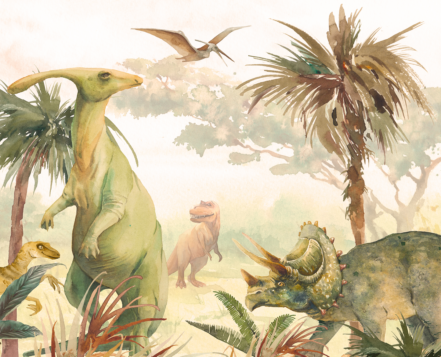 Watercolor Jurassic Dinosaur Mural Wallpaper - Kids Room