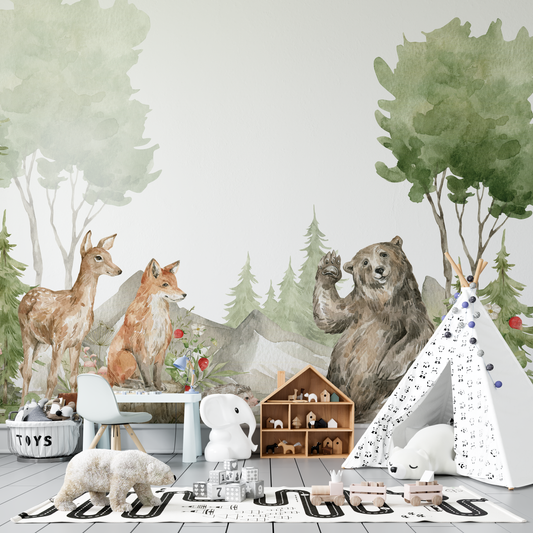 Woodland Animals Mural Wallpaper - Bear, Deer, and Fox Watercolor