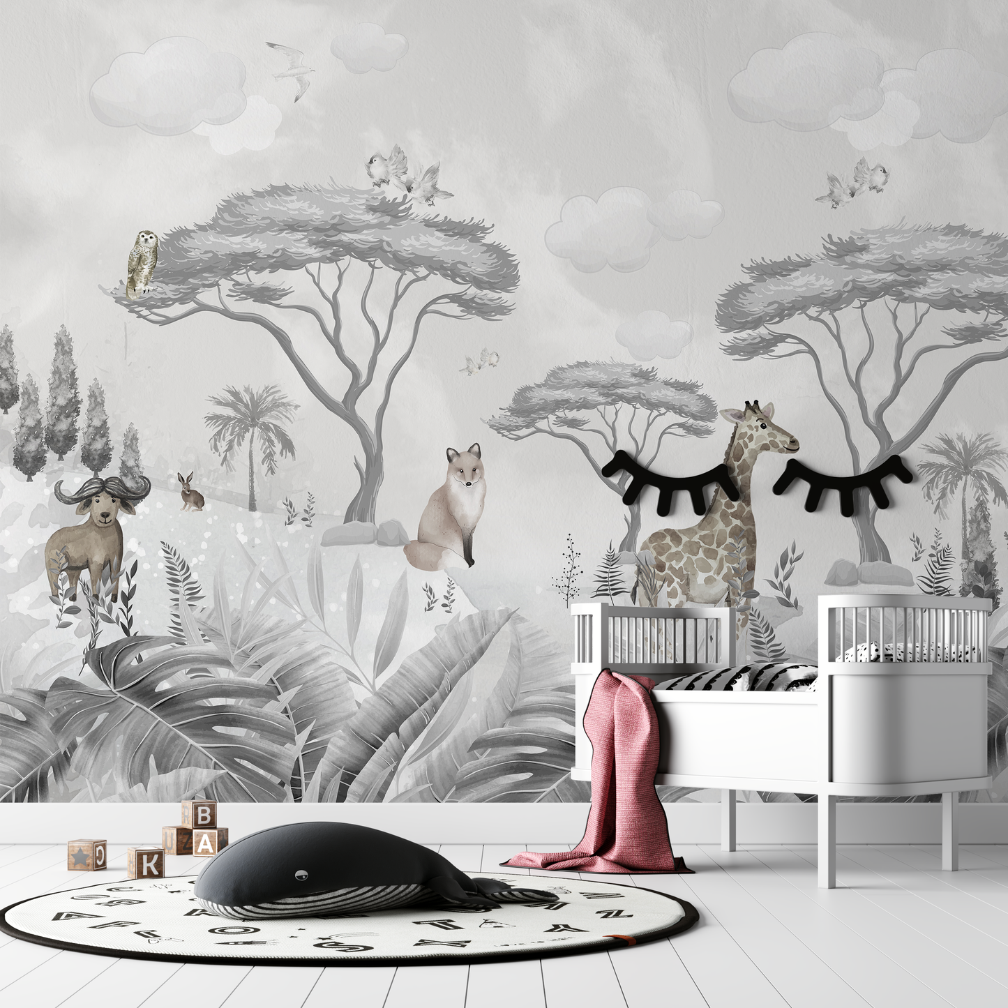 Monochromatic Safari Animals Mural Wallpaper - Giraffe and Fox Kids