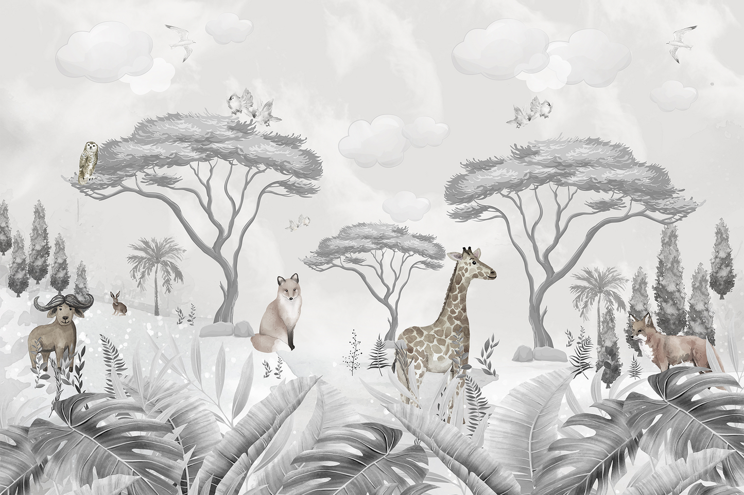 Monochromatic Safari Animals Mural Wallpaper - Giraffe and Fox Kids
