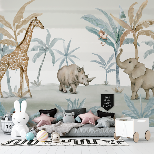 Neutral Kids Safari Mural Wallpaper - Giraffe, Rhino, and Elephant