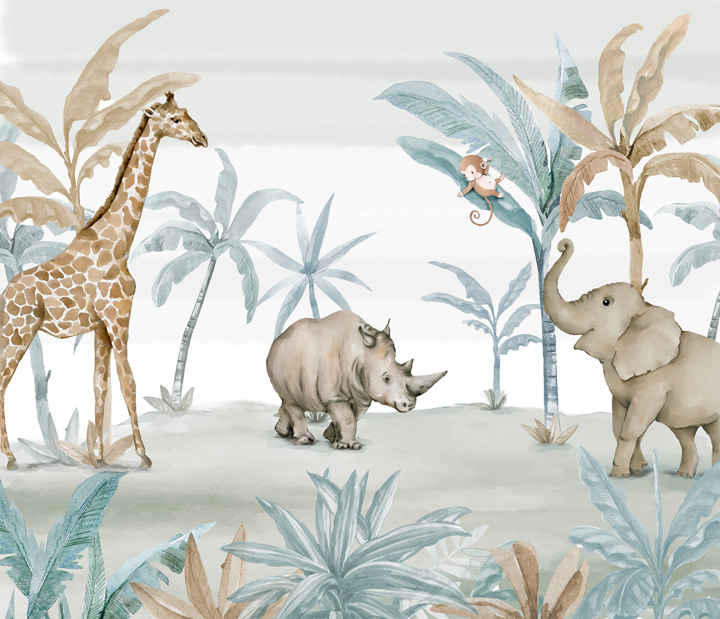 Neutral Kids Safari Mural Wallpaper - Giraffe, Rhino, and Elephant