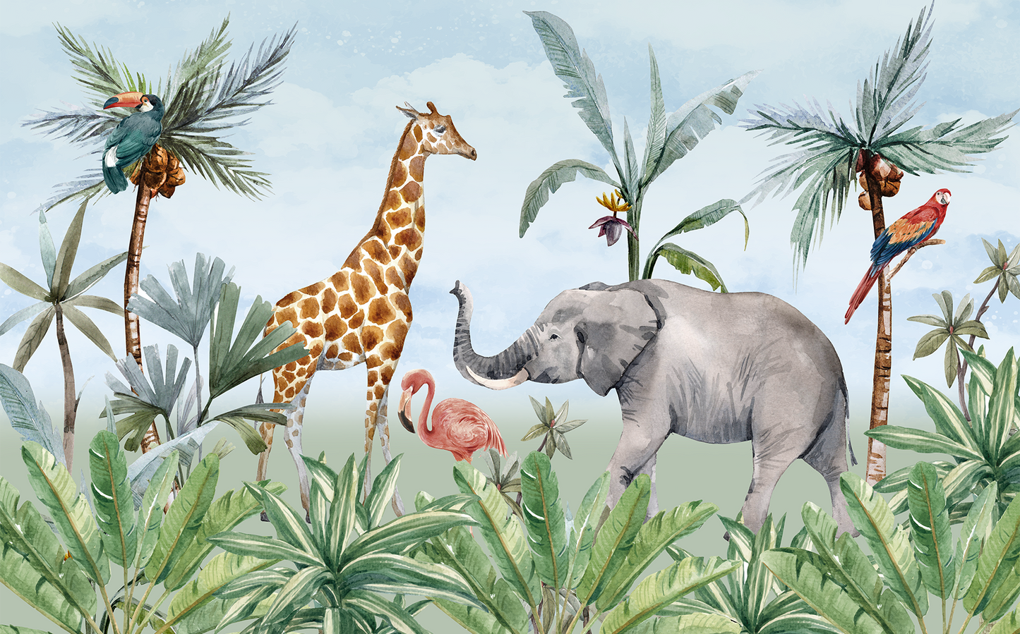 Colorful Kids Safari Mural Wallpaper - Giraffe, Flamingo, and Elephant