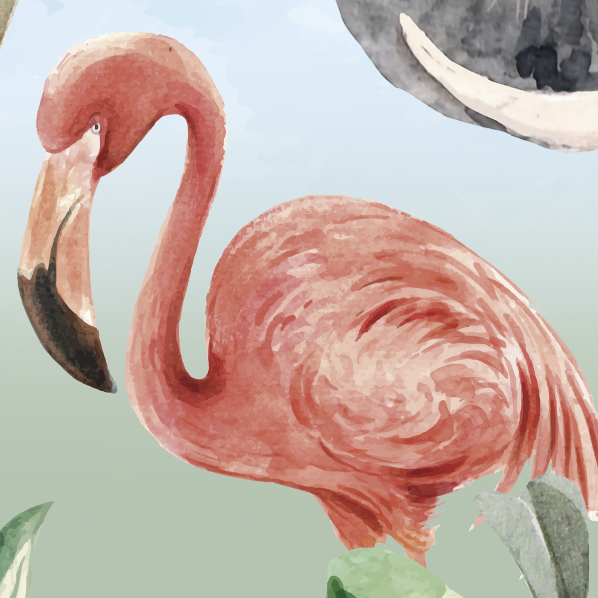 Colorful Kids Safari Mural Wallpaper - Giraffe, Flamingo, and Elephant