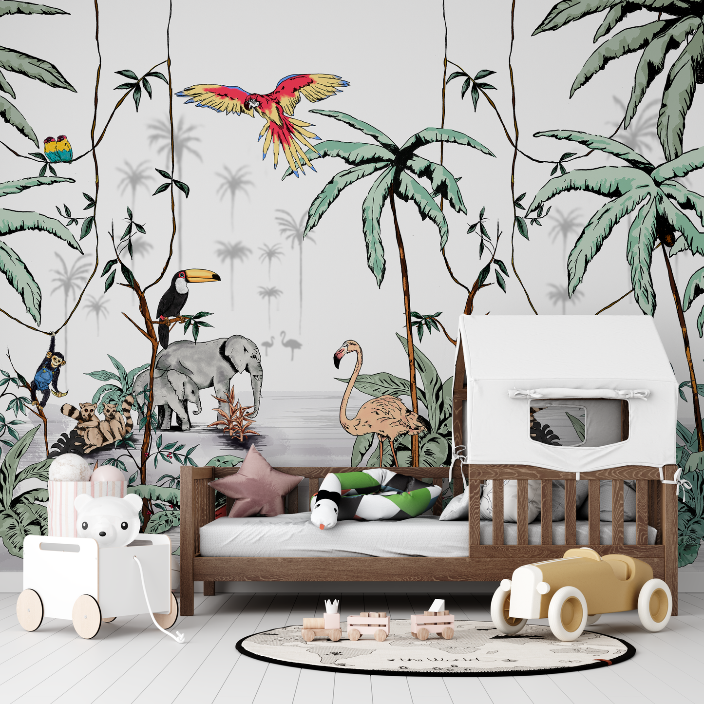 Tropical Jungle Mural Wallpaper with Animals and Palm Trees - Illustration Style