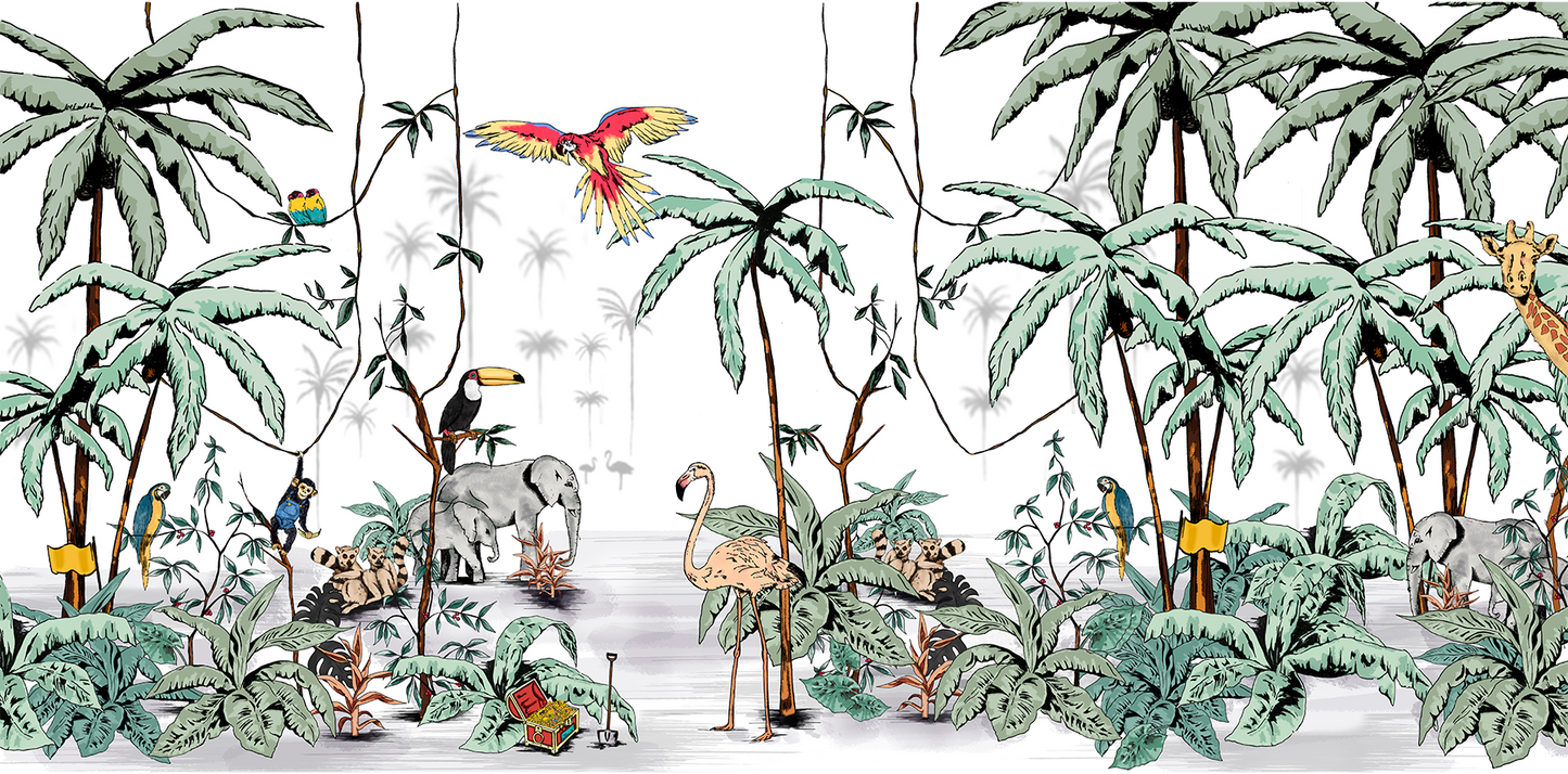 Tropical Jungle Mural Wallpaper with Animals and Palm Trees - Illustration Style