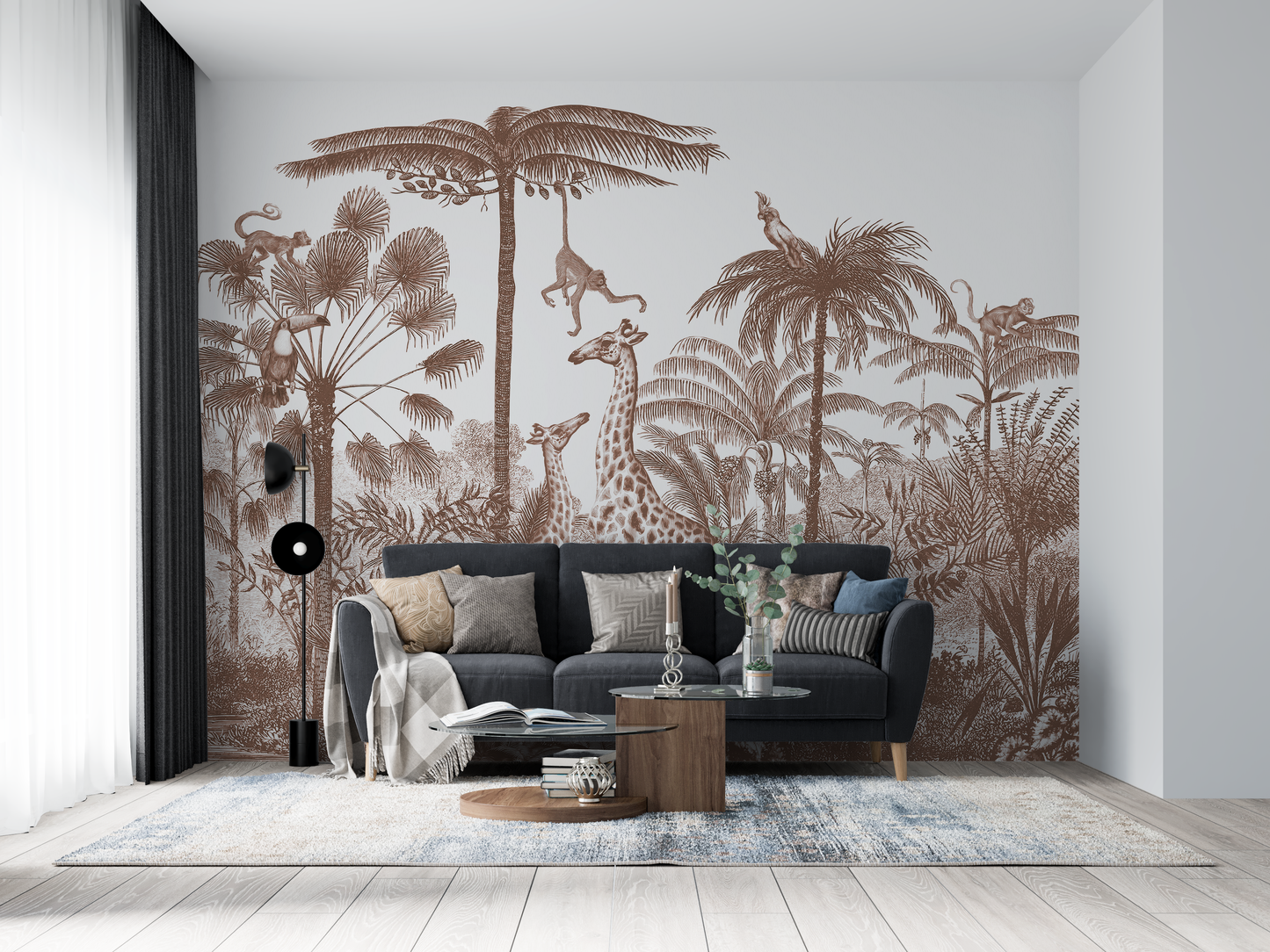 African Safari Engraving Mural Wallpaper - Giraffes and Monkeys Monochrome