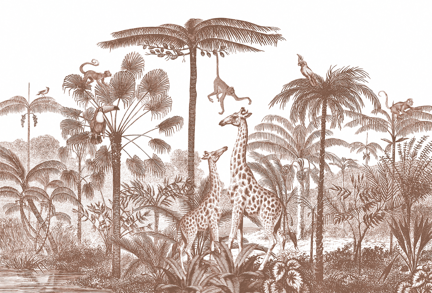 African Safari Engraving Mural Wallpaper - Giraffes and Monkeys Monochrome