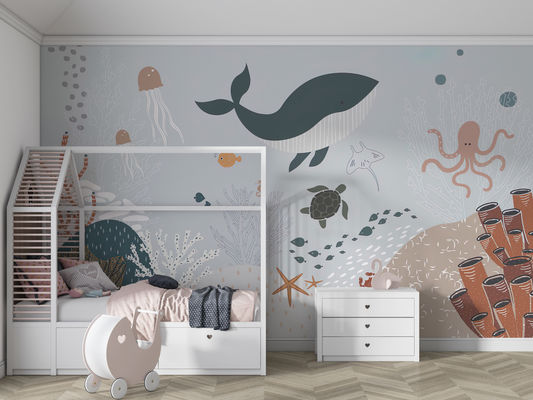 Illustrated Sea Animals Mural Wallpaper - Whale, Octopus, and Coral Kids