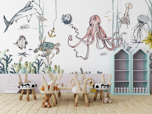Illustrated Sea Creatures Mural Wallpaper - Octopus, Shark, and Turtle Kids